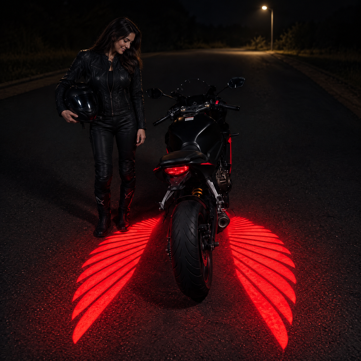 Woman rider smiling at red angel wing lights under her motorcycle