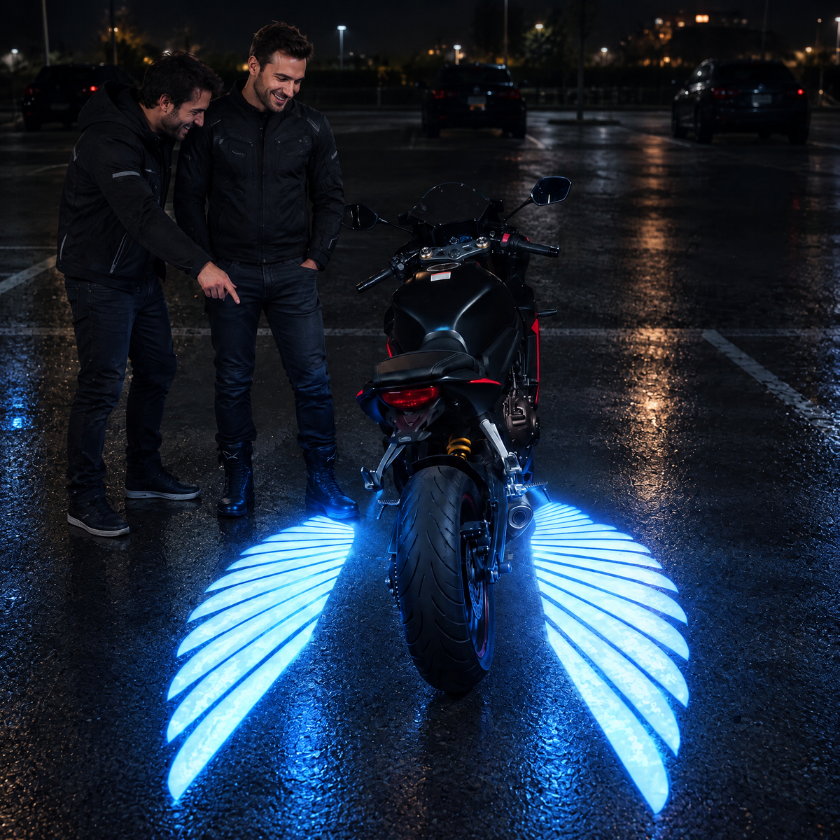 Riders laughing at blue angel wing lights under a motorcycle