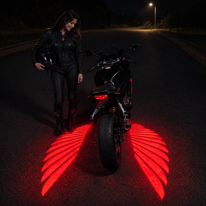 Woman rider smiling at red angel wing lights under her motorcycle