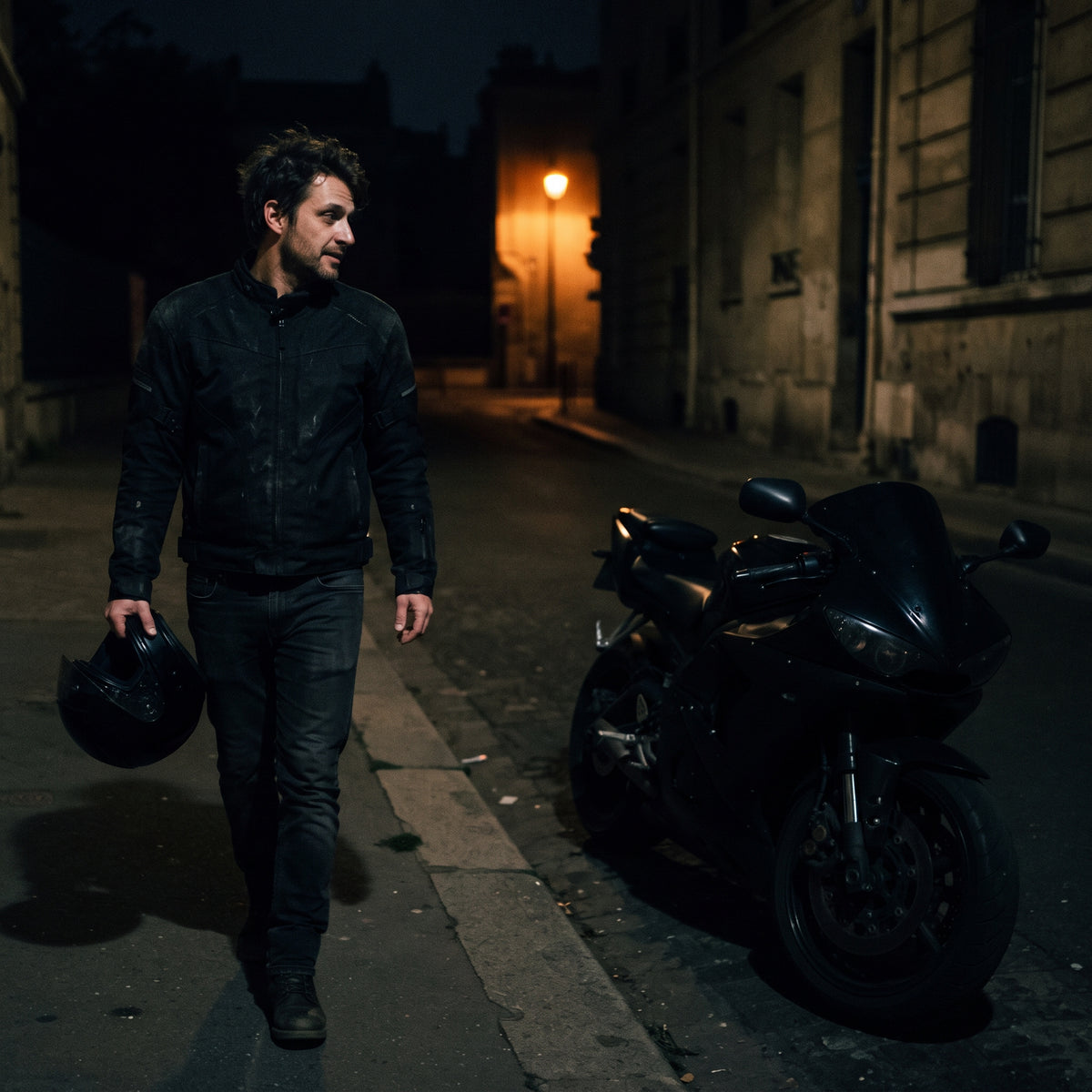 Rider walking away from his bike in a dark street