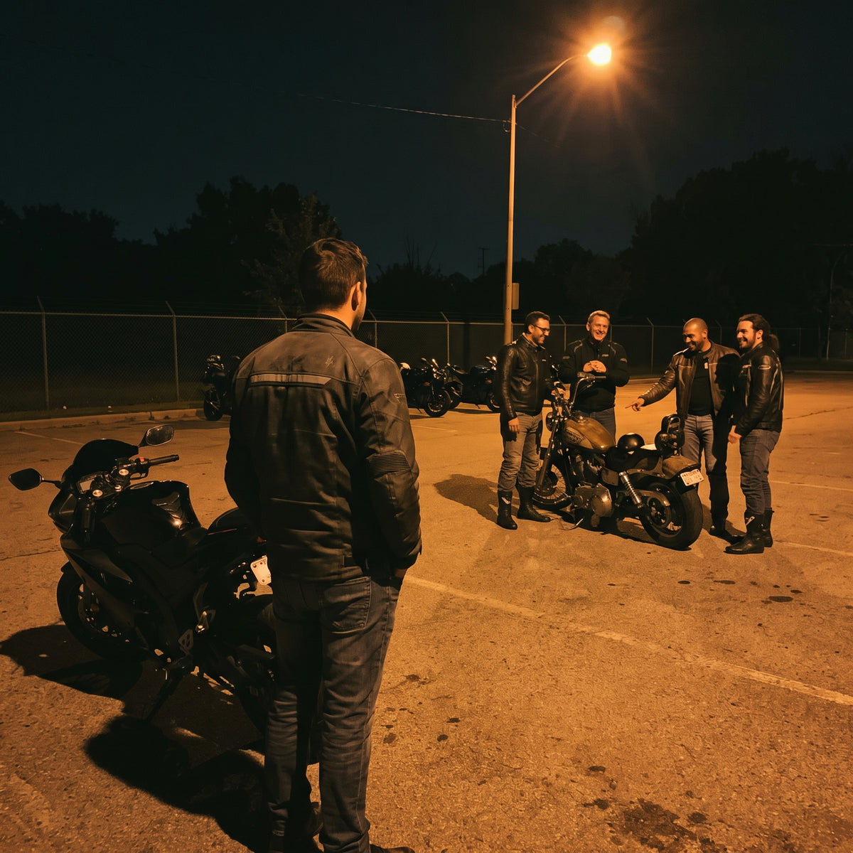 Riders gathered around another bike at a night meet