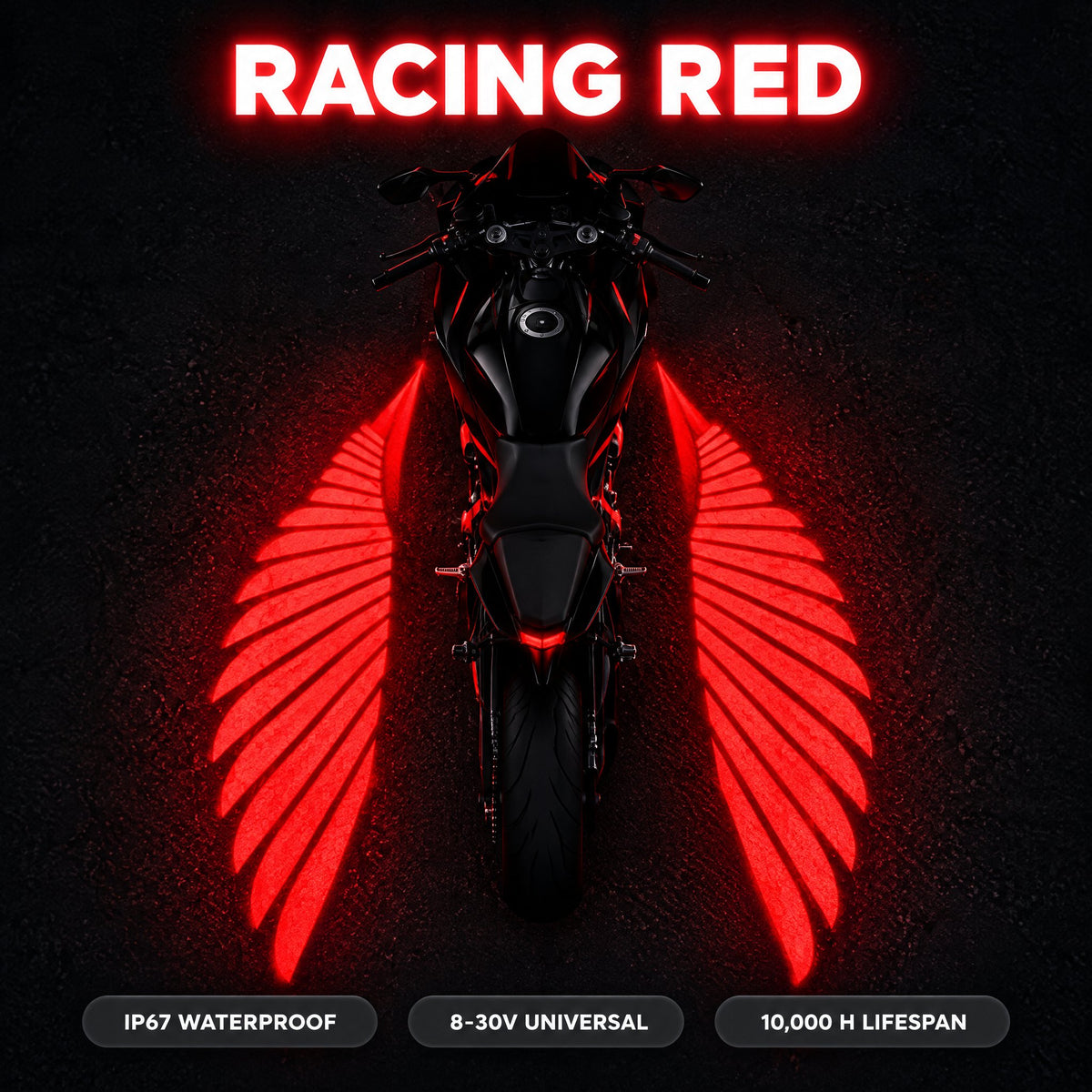 Racing Red angel wing lights, IP67 waterproof, 8-30V universal